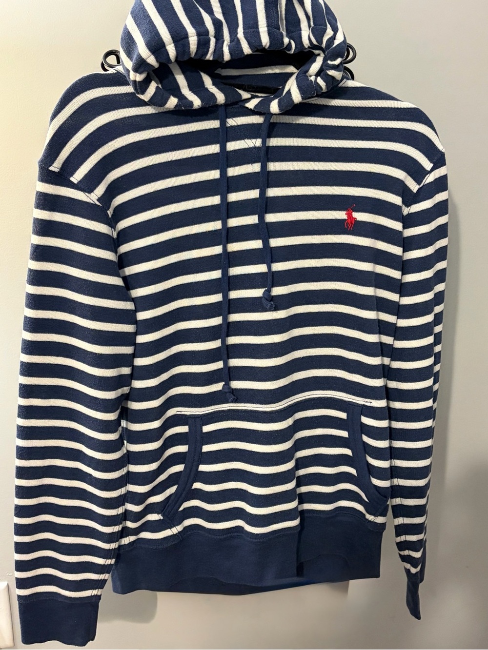 Men’s medium POLO Ralph Lauren Navy & White Striped Hooded Pullover sweatshirt